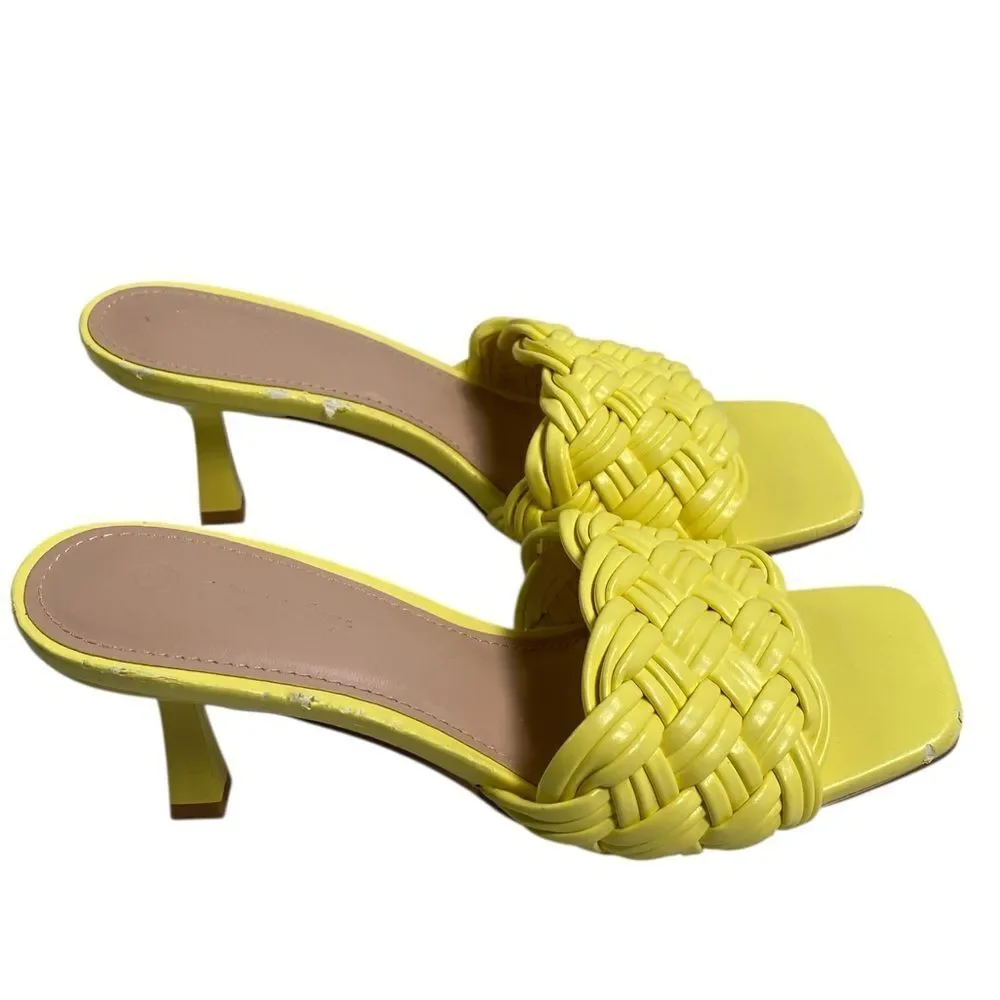 GUC Piepiebuy Women’s Yellow Braided Slip-On Sandals 2” Kitten Heel - Size 6